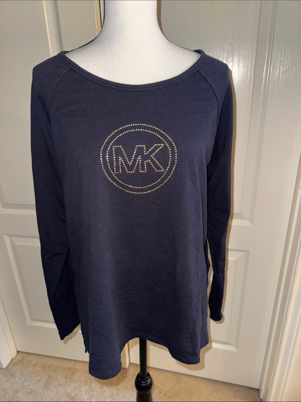 Michael Kors - Navy Studded MK Logo Long-Sleeve Sweater Top - Size XL